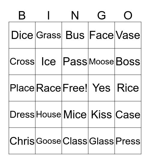 Final /s/  Bingo Card