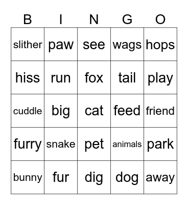 Animals Bingo Card