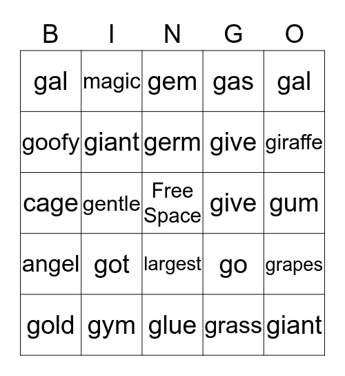 The Letter G Bingo Card