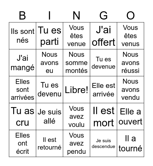 Le passé composé Bingo Card