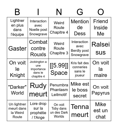 Deltarune 3/4 Bingo Card