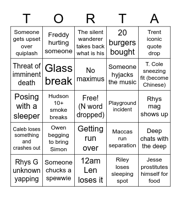 The Final Sleepover Bingo Card