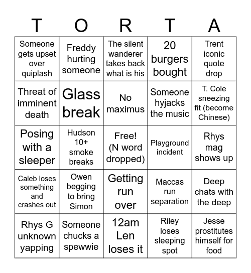 The Final Sleepover Bingo Card