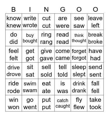 Irregular verbs: Infinitive and Past Simple Bingo Card
