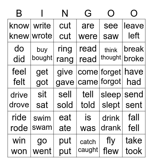 Irregular verbs: Infinitive and Past Simple Bingo Card