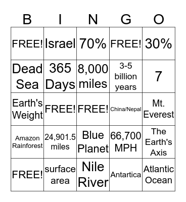 Earth Facts BINGO Card