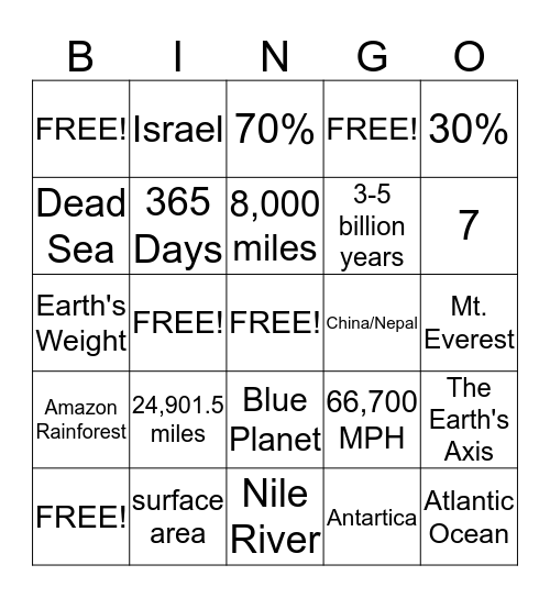 Earth Facts BINGO Card