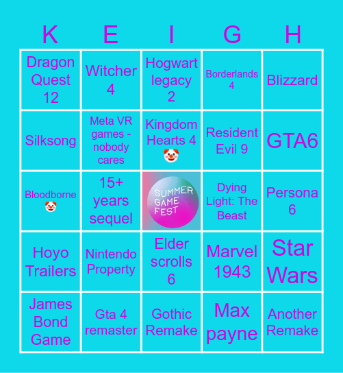 Summer Game Fest 2025 Bingo Card