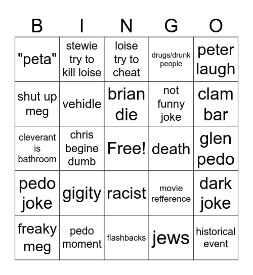family guy Bingo Card