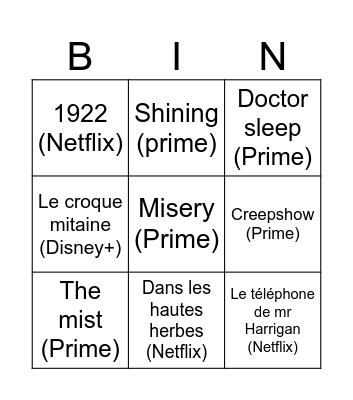 Stephen King Bingo Card