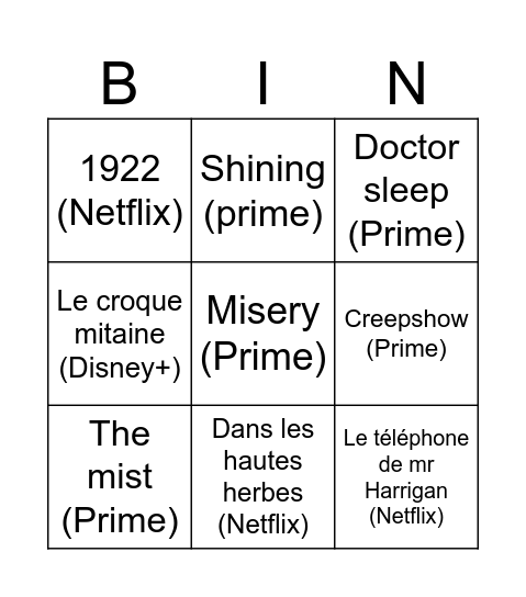Stephen King Bingo Card