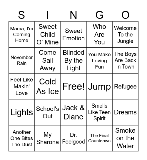 CLASSIC ROCK SINGO Bingo Card