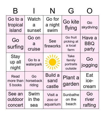 2025 Summer Bucket List Bingo Card