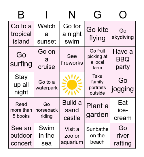 2025 Summer Bucket List Bingo Card
