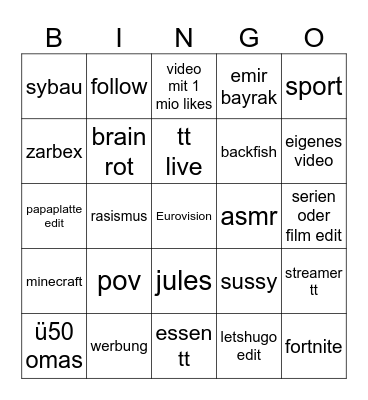 Tiktok bingo Card