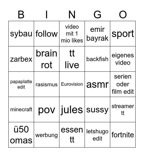 Tiktok bingo Card