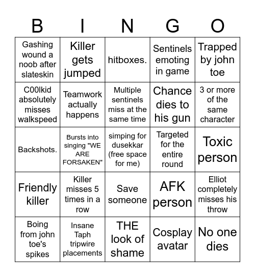we are forsaken Bingo Card