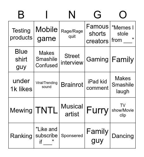 Youtube Shorts Bingo Card