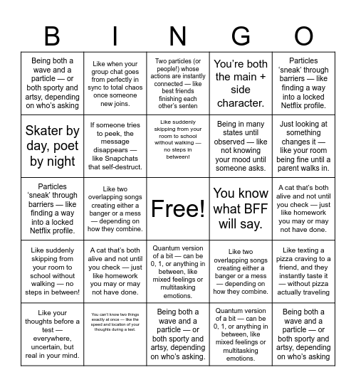 Quantum Bingo:Teen Edition Bingo Card