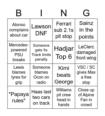 F1 Bingo Card