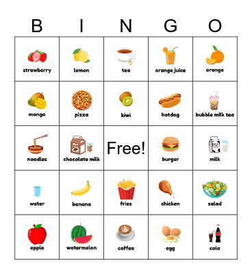 FOOD-DRINKS-FRUITS Bingo Card