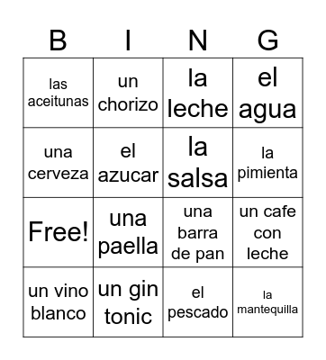 Spanish drinks and food Bingo Card