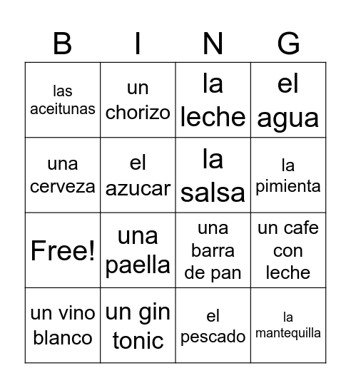 Spanish drinks and food Bingo Card