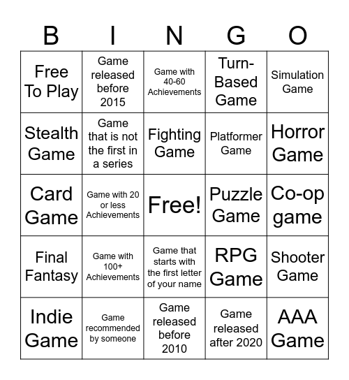 Steam Achievements Bingo Card