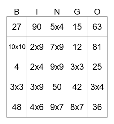 Multiplication Bingo Card