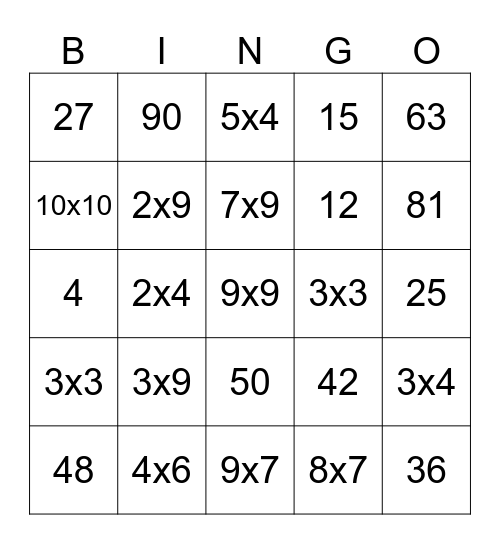 Multiplication Bingo Card