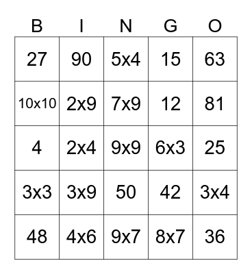 Multiplication Bingo Card