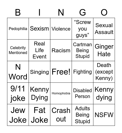 South Park Bingo Card
