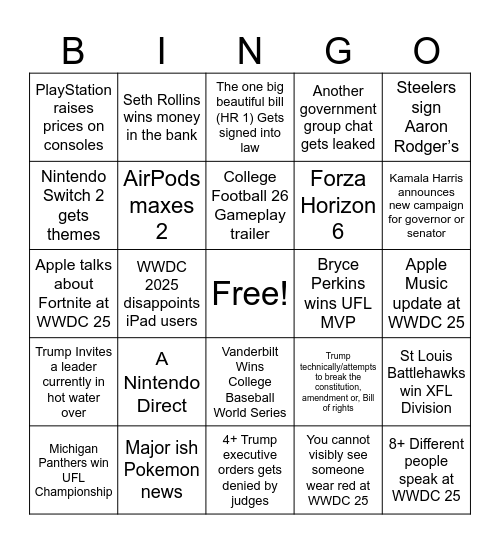 Month of June Bingo Board Bingo Card