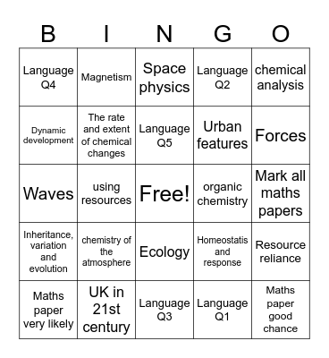 After half-term GCSE revision Bingo Card