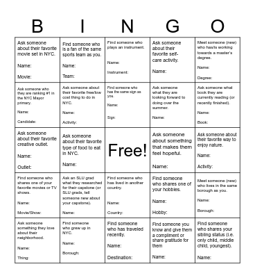 Picnic Bingo Card