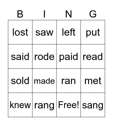IRREGULAR VERBS Bingo Card