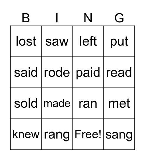 IRREGULAR VERBS Bingo Card