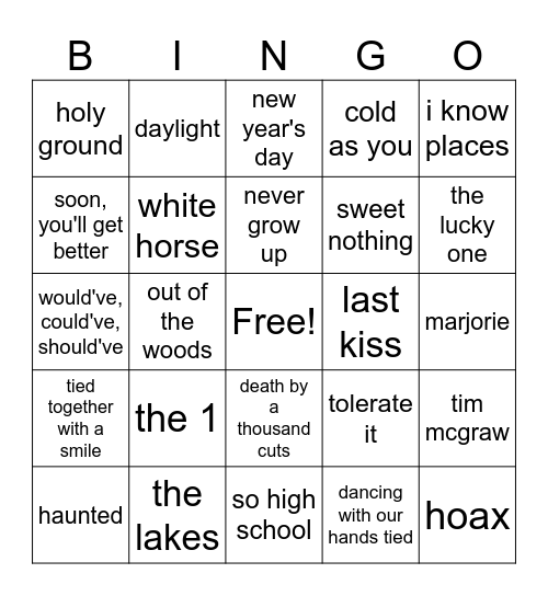 taylor swift songs Bingo Card