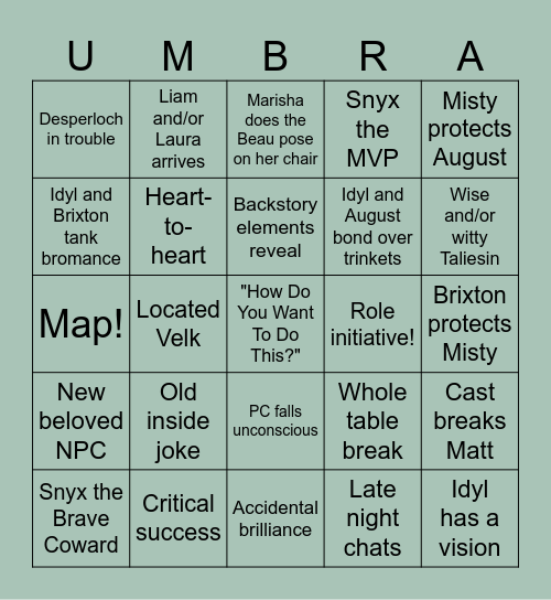 "Age of Umbra: Episode 2" (AUx02) Bingo Card