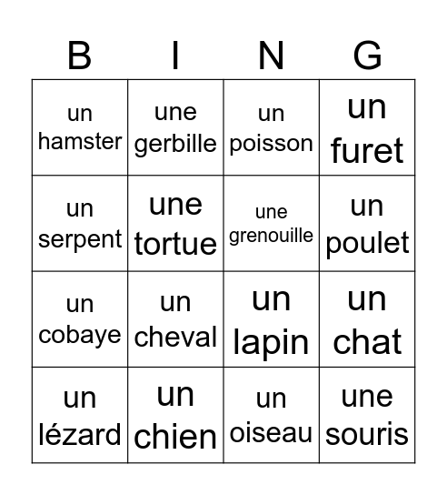 Les Animaux de Compagnie Bingo Card