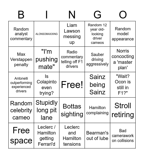 F1 Watchparty Bingo Card