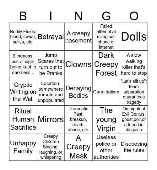 Horror Trope Bingo Card