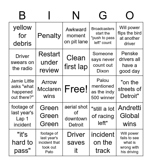 Detroit IndyCar 2025 Bingo Card