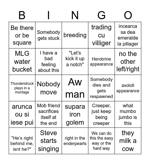 Minecraft movie bingo Card