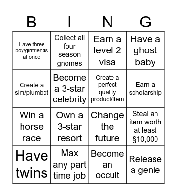 Sims 3 Bingo Card