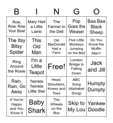 Children's Song Bingo! Bingo Card
