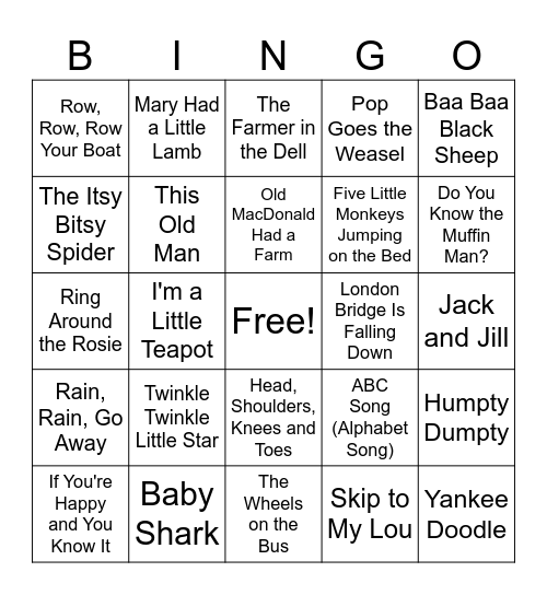 Children's Song Bingo! Bingo Card