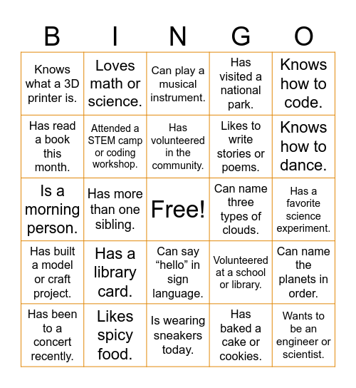 Human Networking Bingo Card