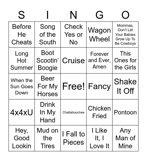 SINGO - Country Music Bingo Card