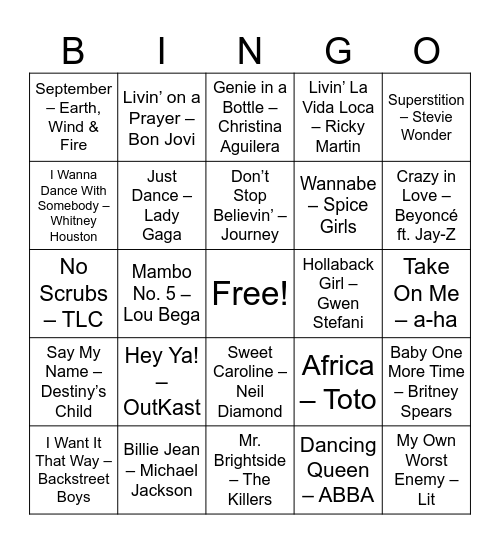 UNBC Pre-Med Music Bingo Card